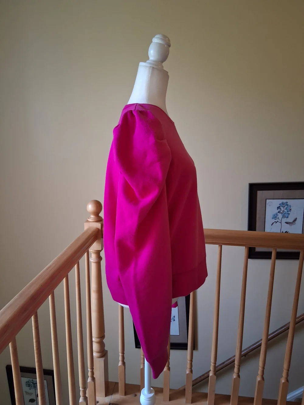 Rebecca Minkoff Janine Hot Pink Puff-Sleeve Crewneck Cottkn Blend Sweater